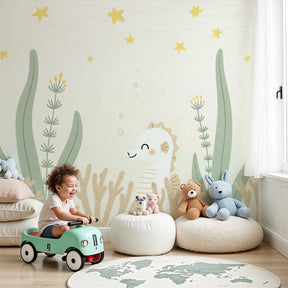 Seahorse mural wallpaper creating peaceful ocean-themed nursery decor by Kids-Mundo