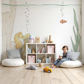 Seahorse mural wallpaper in modern nursery with ocean theme decor by Kids-Mundo