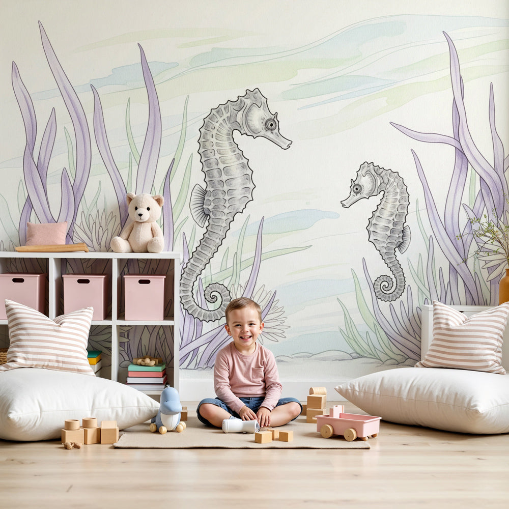 Seahorse mural wallpaper creating peaceful ocean nursery decor with purple and green tones by Kids-Mundo