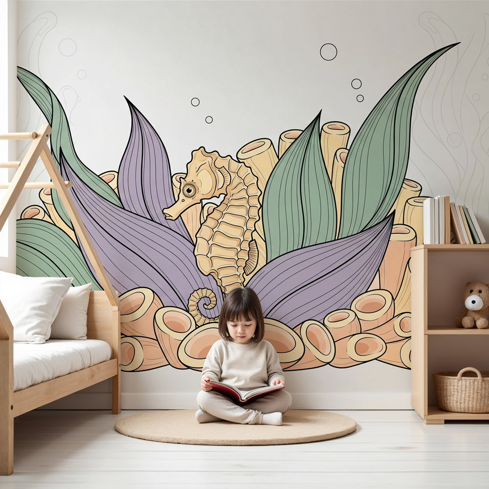 Seahorse mural wallpaper creating magical underwater nursery decor by Kids-Mundo
