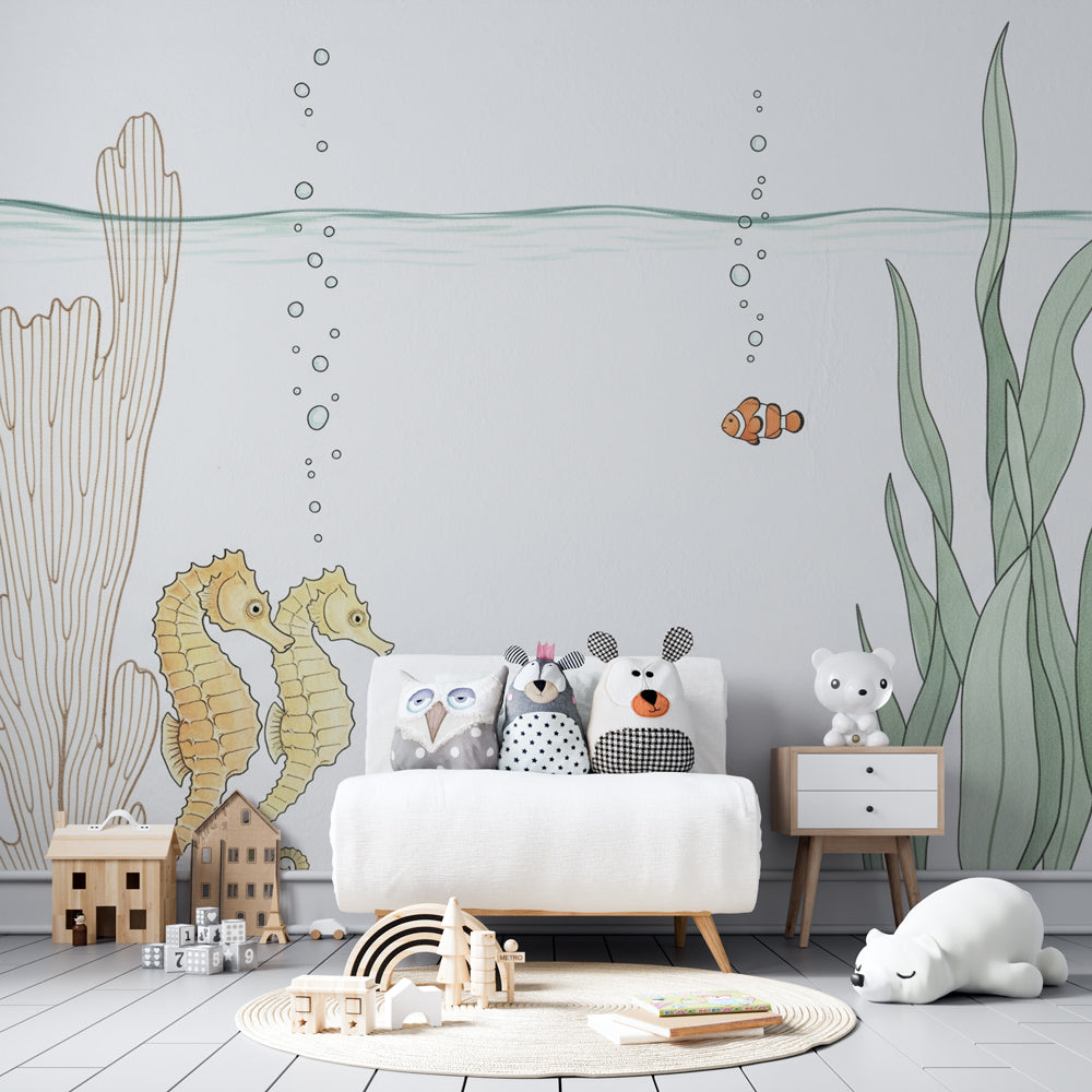 Ocean themed seahorse wallpaper creating peaceful underwater atmosphere in baby room