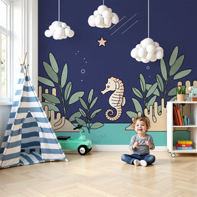 Seahorse mural wallpaper creating magical underwater nursery decor with coral and marine plants by Kids-Mundo