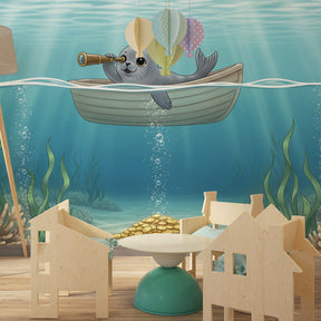 Ocean adventure mural wallpaper creating magical underwater atmosphere in children's bedroom