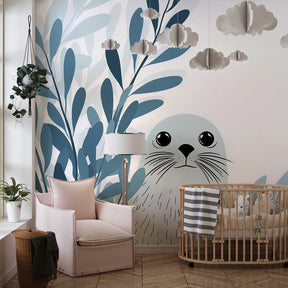 Marine-themed seal wallpaper transforming modern children's bedroom with ocean atmosphere