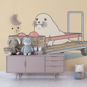 Adorable seal cart wallpaper creating whimsical atmosphere in kids bedroom decor