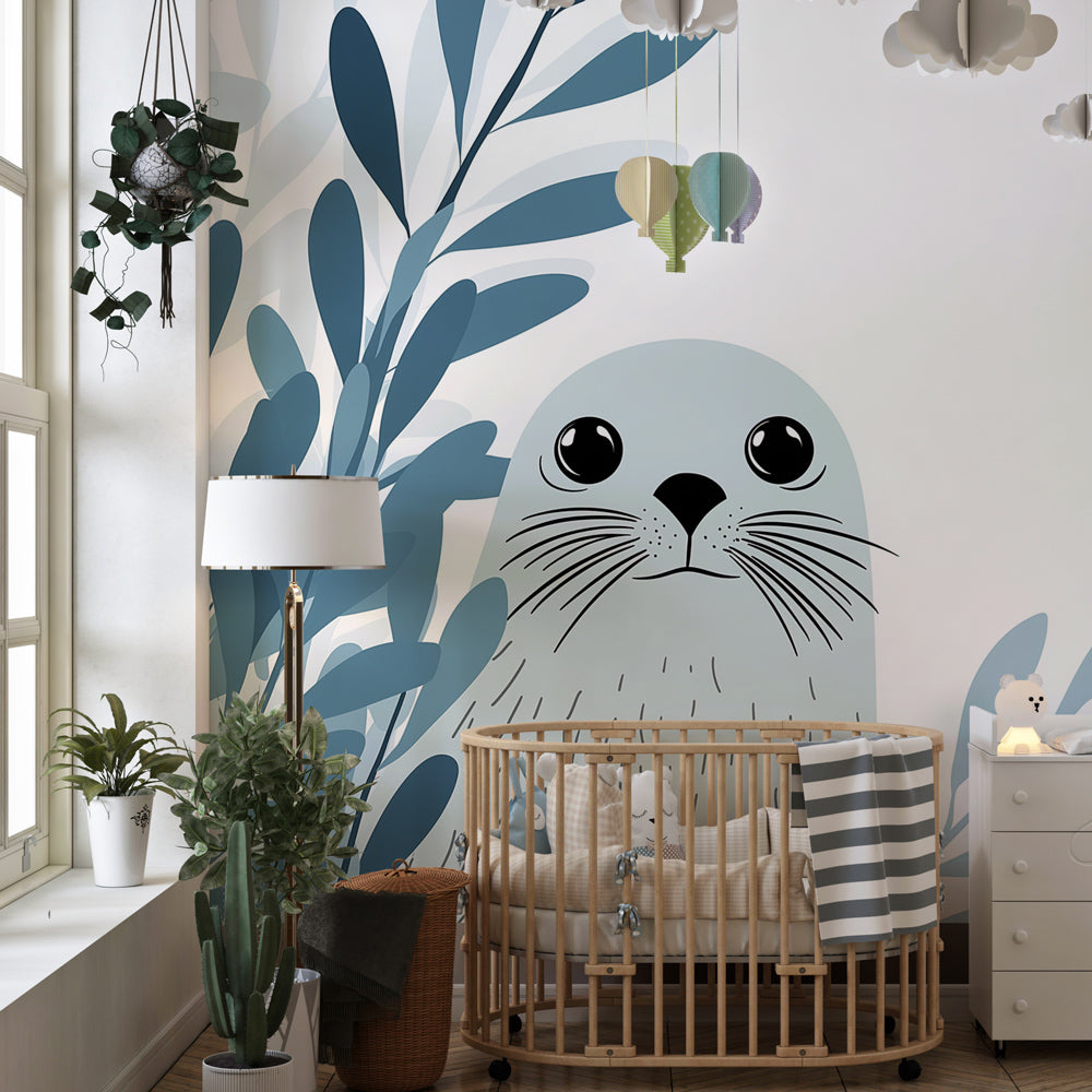 Underwater seal mural wallpaper creating magical marine playroom environment for kids