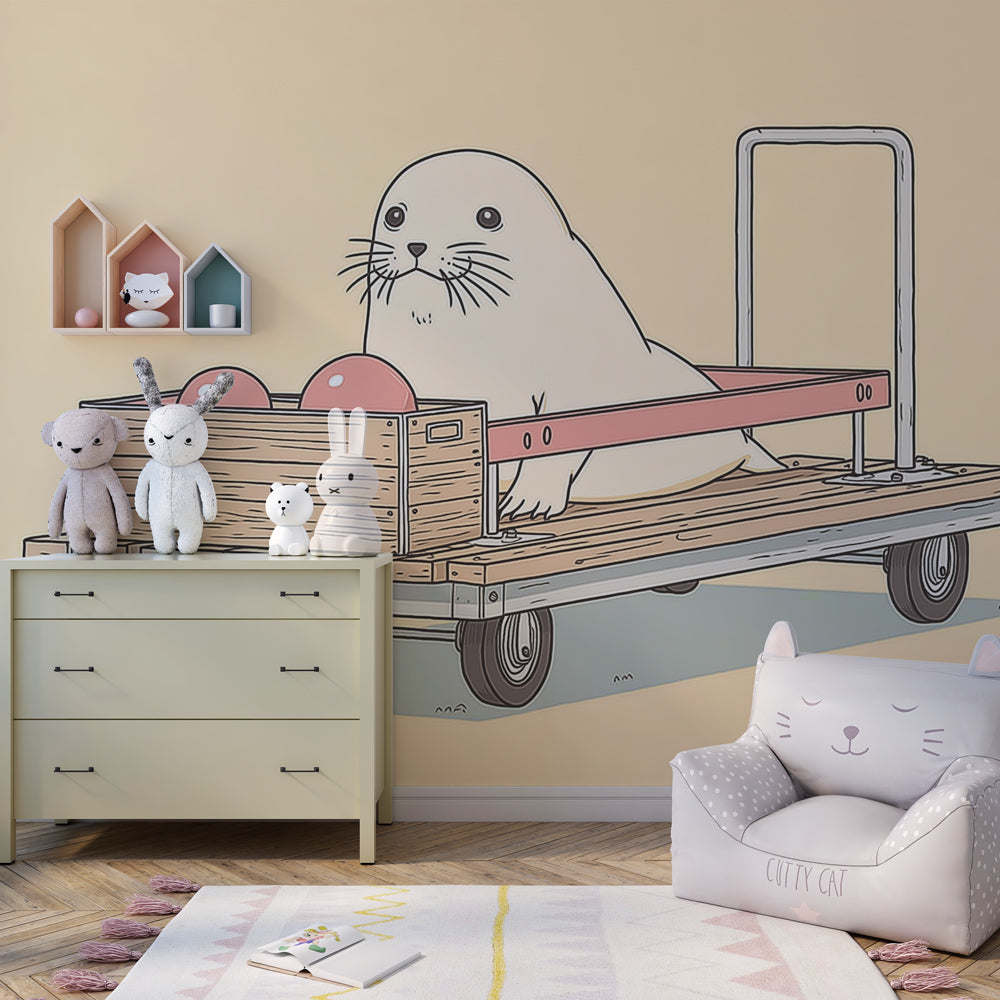 Beige and pink seal mural wallpaper transforming children's playroom into magical space