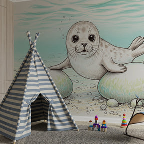 Ocean adventure mural wallpaper with friendly seal character for children's room by Kids-Mundo