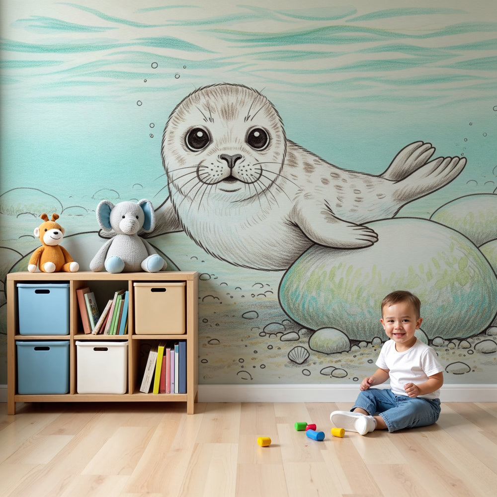 Playful seal ocean mural wallpaper creating magical underwater nursery decor by Kids-Mundo