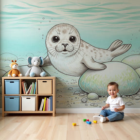 Playful seal ocean mural wallpaper creating magical underwater nursery decor by Kids-Mundo