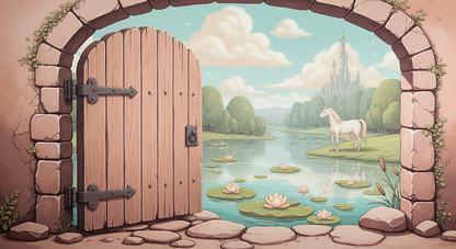 Kids-Mundo flat artwork preview of the secret garden gate wall mural design with a unicorn and pond.
