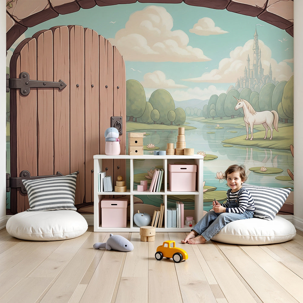 Kids-Mundo secret garden gate wall mural mockup styled in a calm pastel nursery interior.