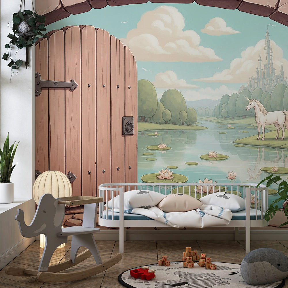 Kids-Mundo secret garden unicorn mural mockup displayed on a bright children's playroom wall.