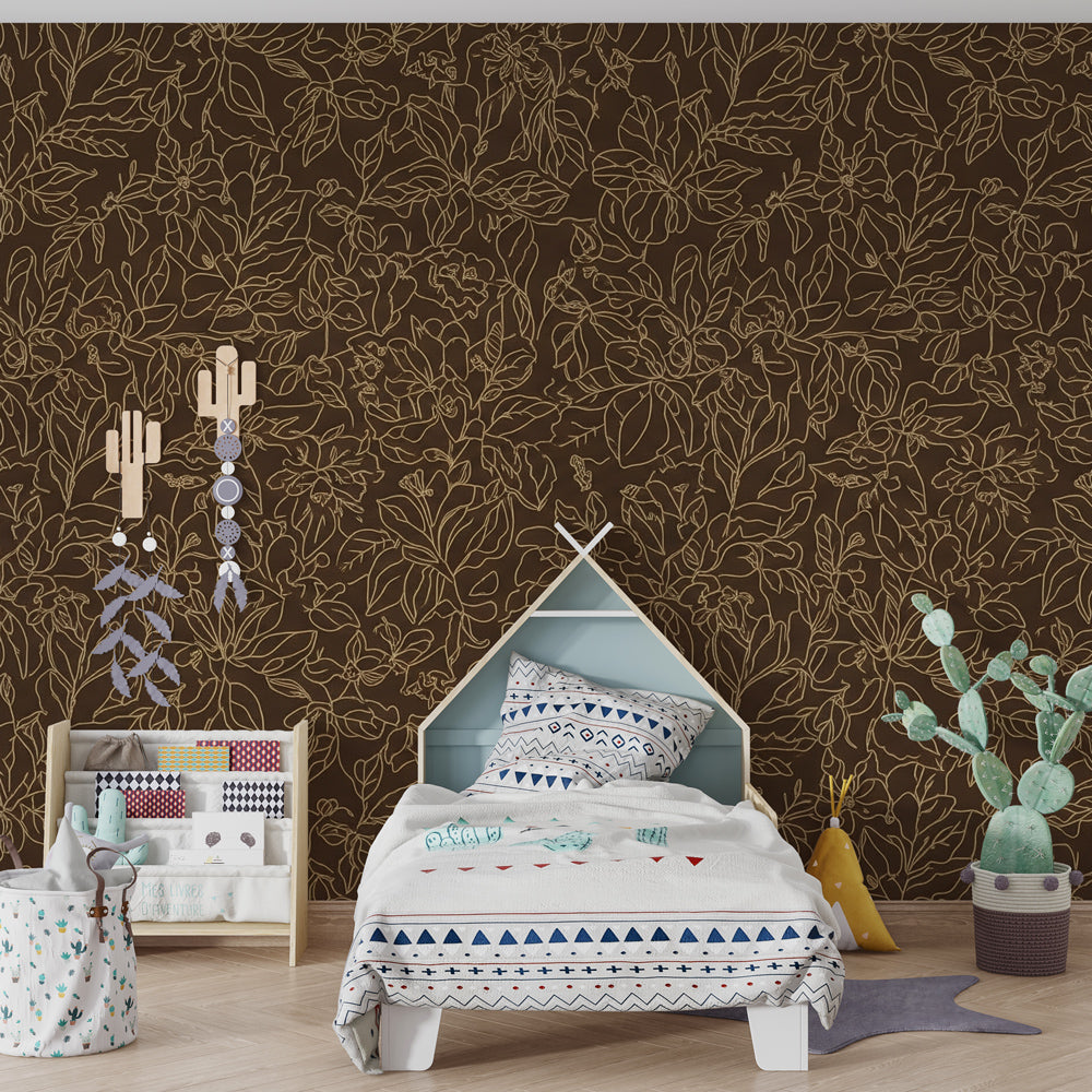 Brown and gold botanical wallpaper creating cozy children's bedroom atmosphere
