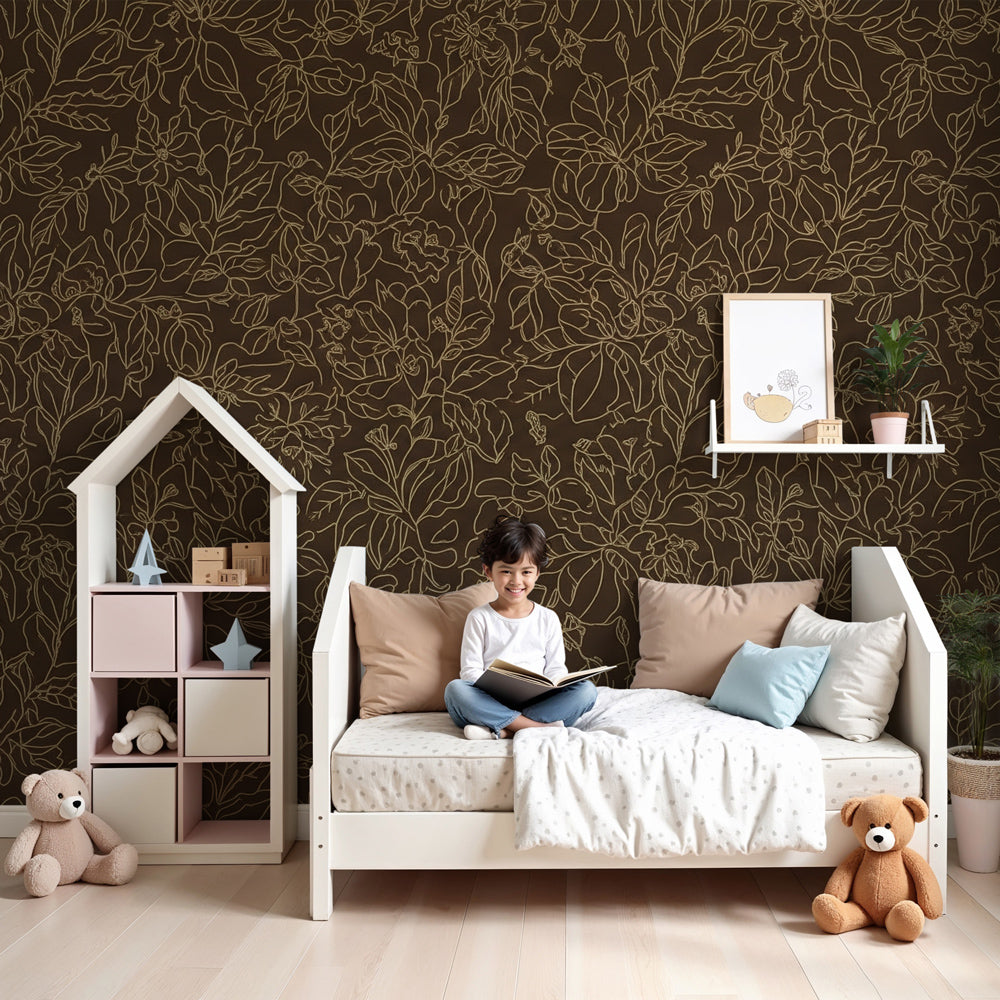 Secret garden mural wallpaper with golden florals in elegant nursery by Kids-Mundo