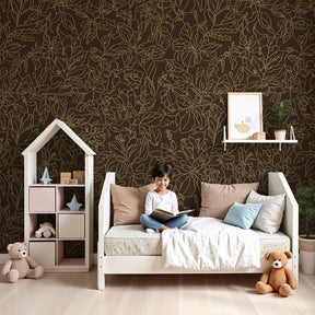 Secret garden mural wallpaper with golden florals in elegant nursery by Kids-Mundo