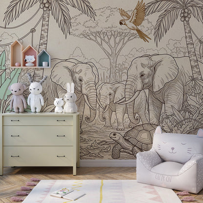 Kids-Mundo elephant and tortoise wall mural on a feature wall in a kids bedroom