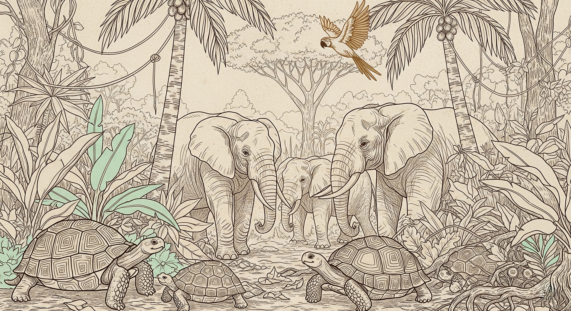 Kids-Mundo flat artwork preview of the sepia elephant family and tortoises wall mural design