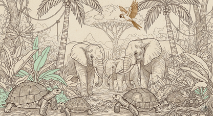 Kids-Mundo flat artwork preview of the sepia elephant family and tortoises wall mural design