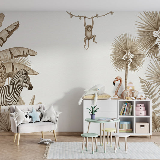 Kids-Mundo sepia safari wall mural featuring palms and a flamingo in a child's bedroom setting
