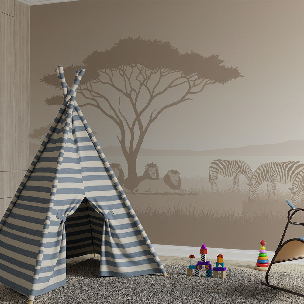 Kids-Mundo golden savanna wall mural styled in a cosy children's bedroom