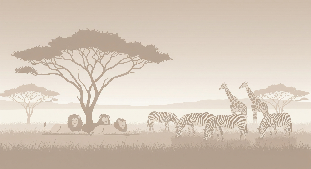 Kids-Mundo flat artwork of a sepia safari scene with lions, zebras and giraffes