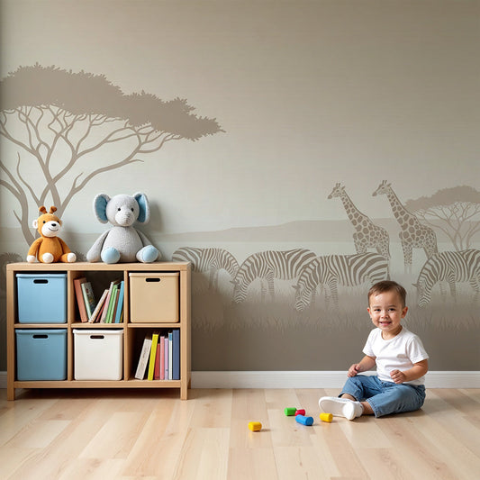 Kids-Mundo sepia safari wall mural with lions and zebras in a calm nursery