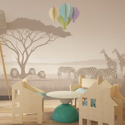 Kids-Mundo safari giraffes and zebras wall mural in a playful kids' playroom