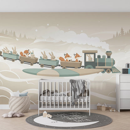 Kids-Mundo bunny and fox train mural covering a feature wall in a child's bedroom