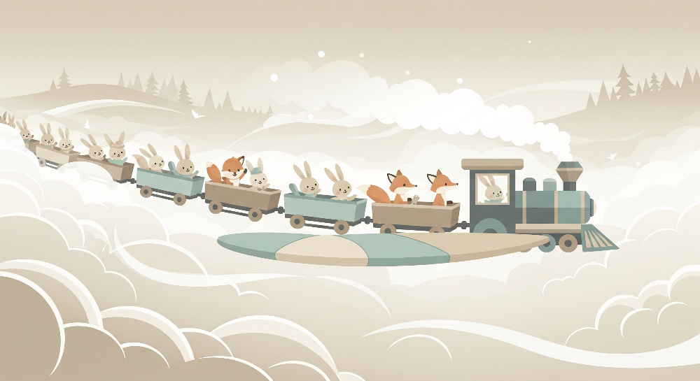 Sepia Train with Bunnies and Foxes in the Clouds Wall Mural