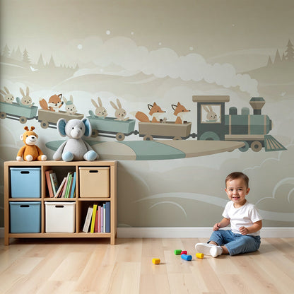 Kids-Mundo sepia cloud train wall mural with bunnies and foxes displayed in a soft nursery room