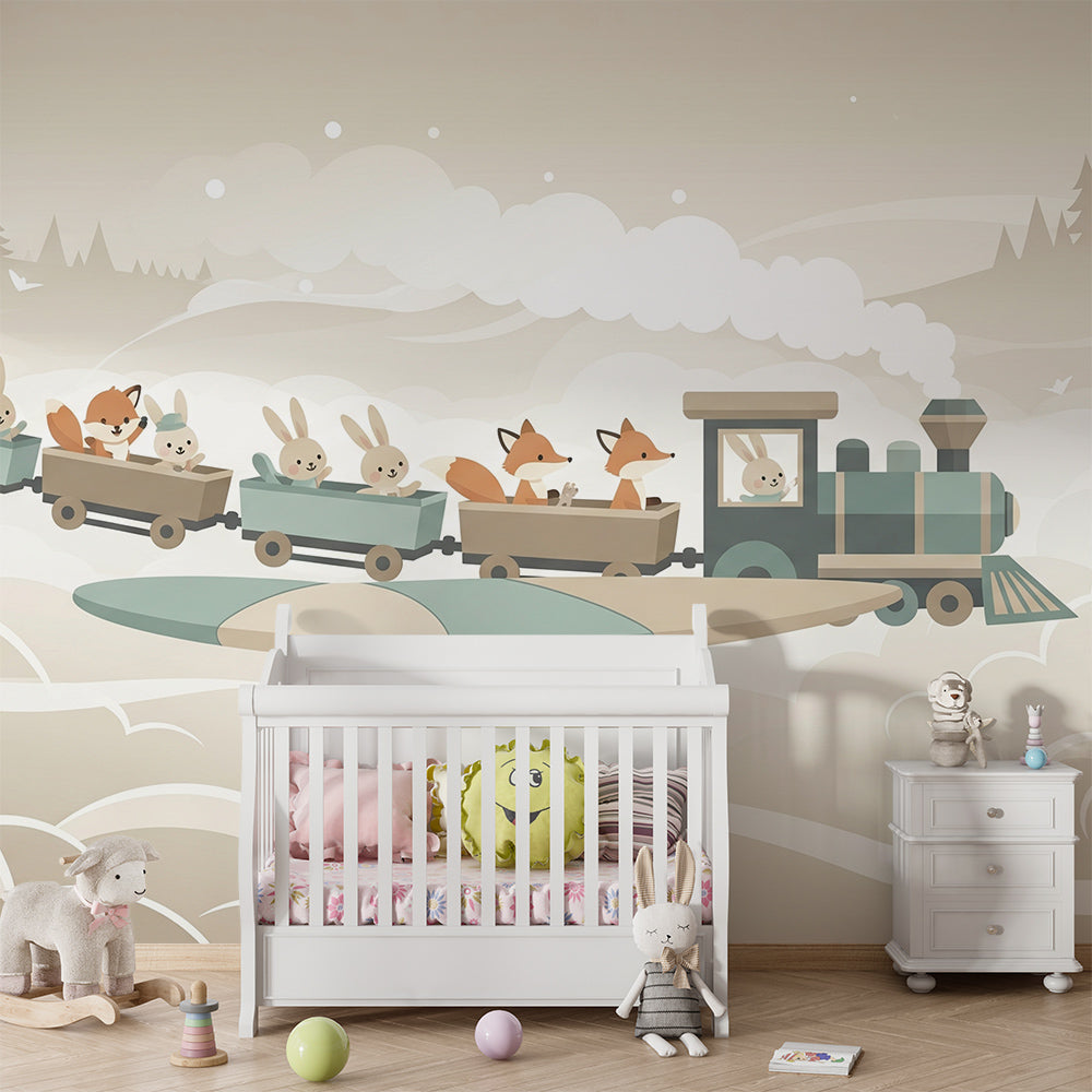 Kids-Mundo sepia train wall mural with bunnies and foxes shown in a calm playroom setting