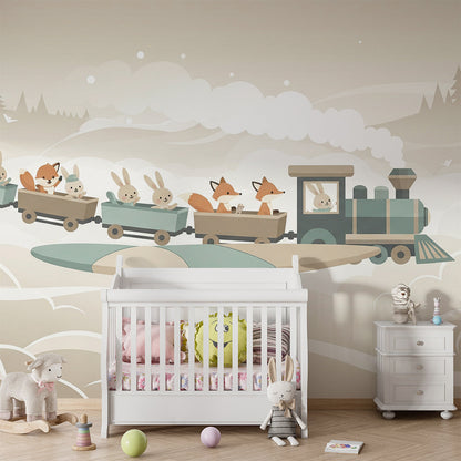 Kids-Mundo sepia train wall mural with bunnies and foxes shown in a calm playroom setting