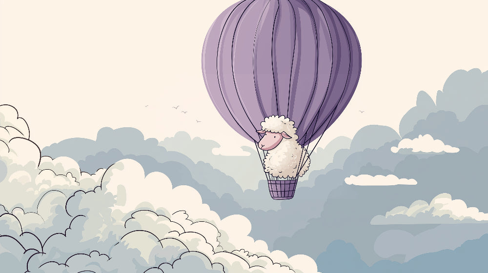 Detailed sheep hot air balloon mural wallpaper design pattern with purple clouds by Kids-Mundo