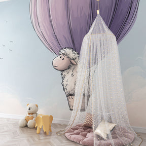 Purple hot air balloon sheep wallpaper creating peaceful play area for toddlers by Kids-Mundo