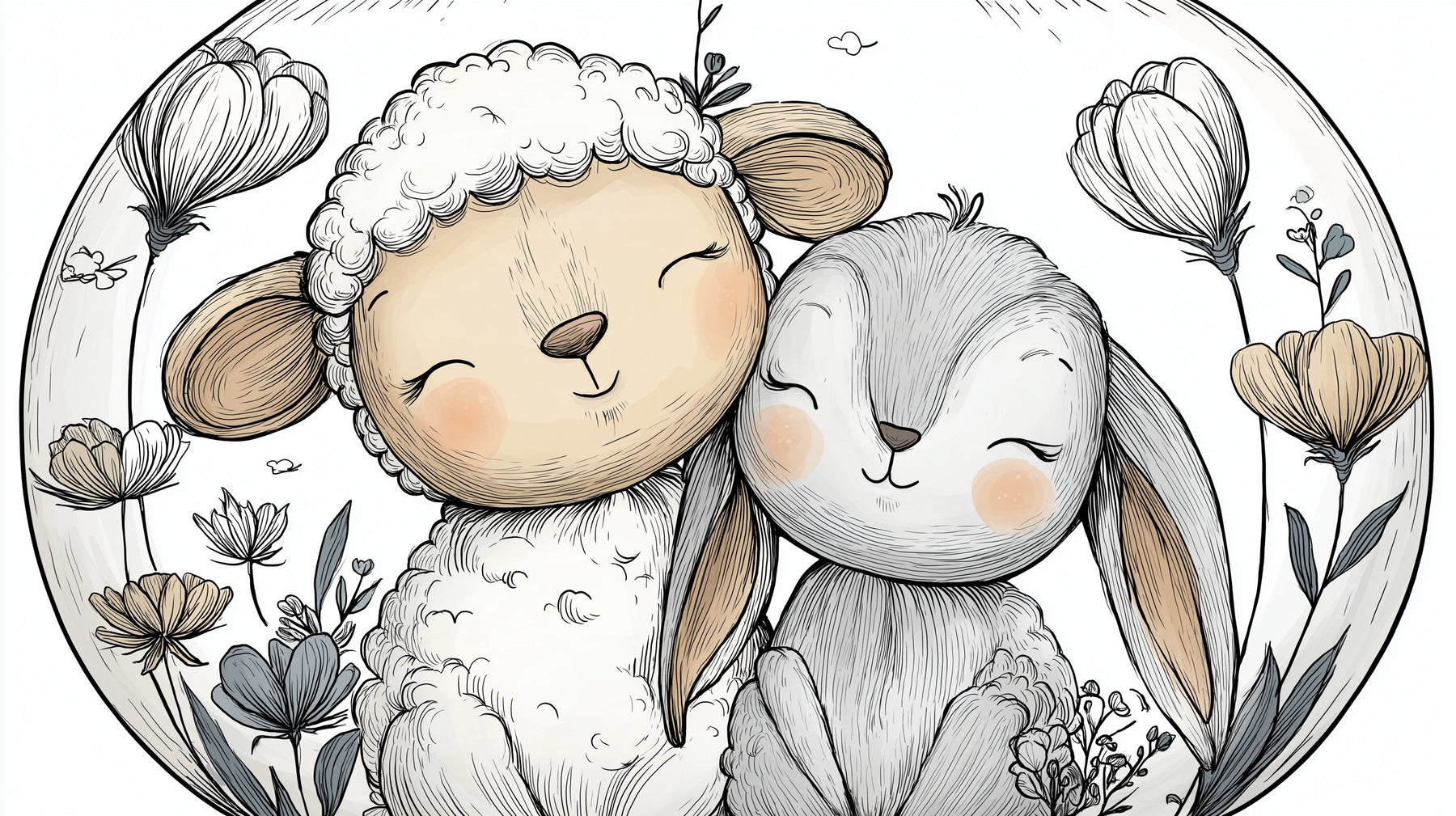 Detailed sheep and rabbit garden mural wallpaper design pattern with soft florals by Kids-Mundo