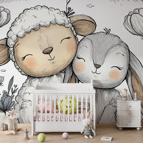 Gentle sheep rabbit garden wallpaper creating serene toddler room atmosphere by Kids-Mundo
