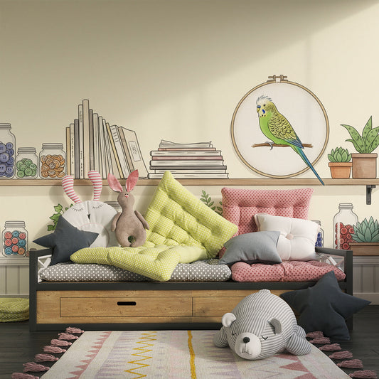 Kids-Mundo craft shelf mural wallpaper on a feature wall in a child's cosy bedroom