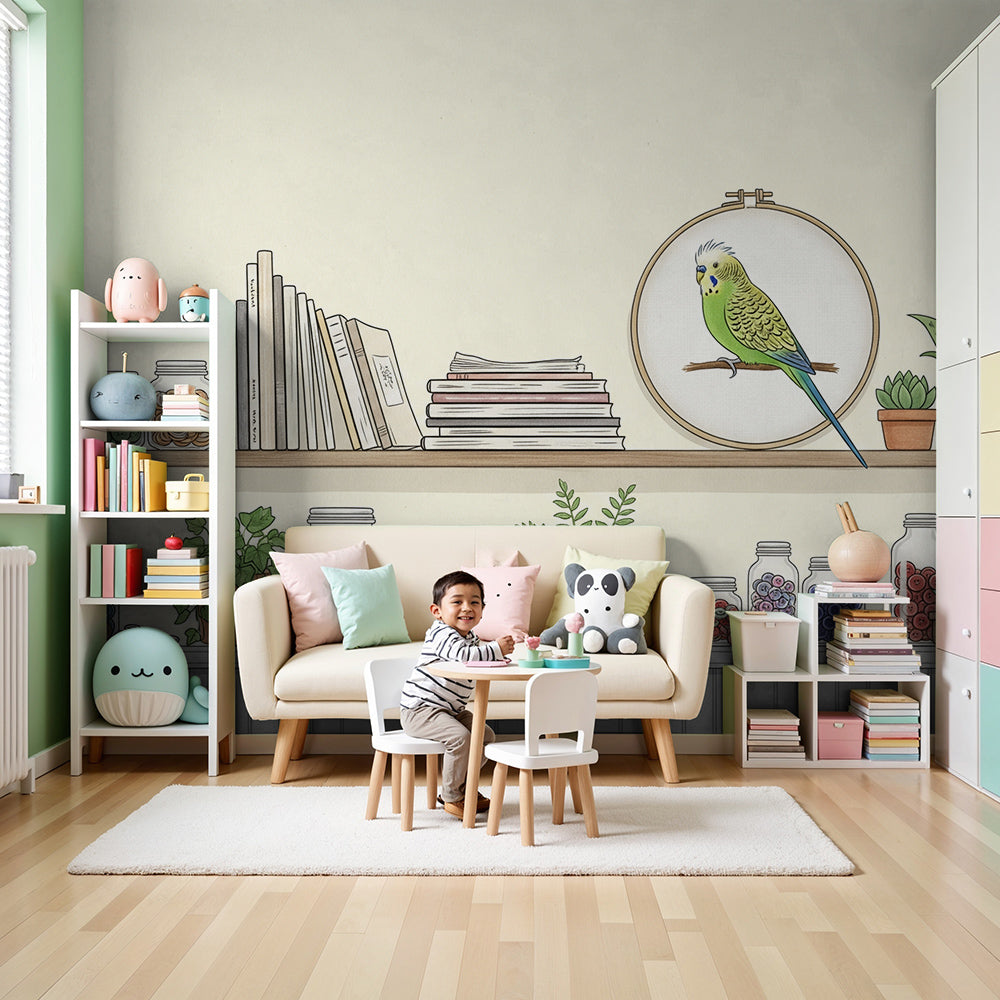 Kids-Mundo buttons and budgie shelf wall mural styled above a cot in a warm cream nursery
