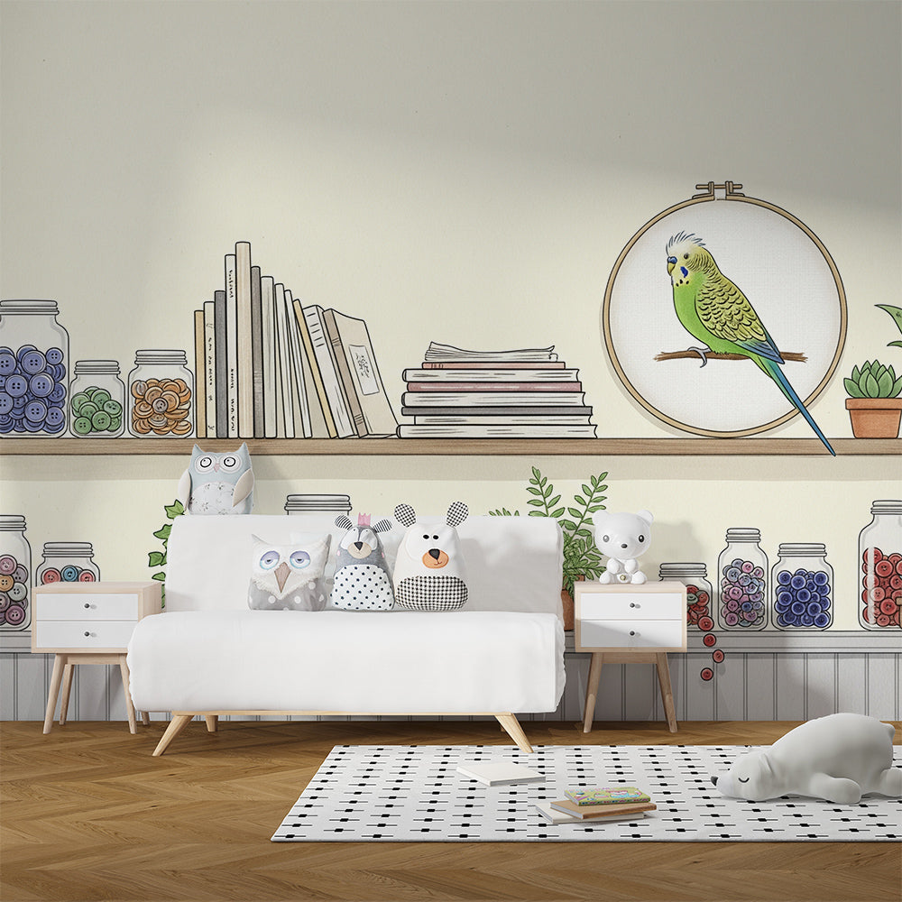 Kids-Mundo shelf of buttons, books and a budgie mural covering a playroom reading corner