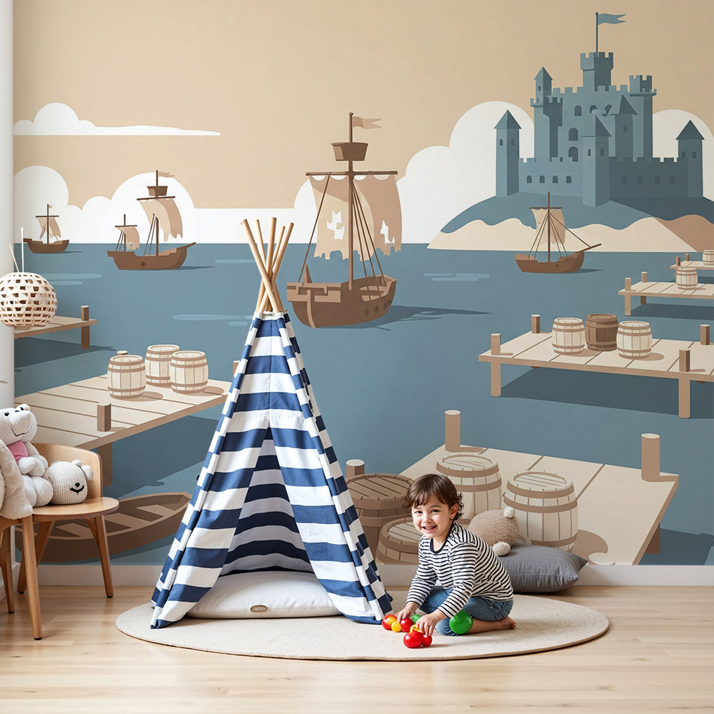 Kids-Mundo ships and castle wall mural in a calm nursery, made-to-measure harbour wallpaper behind a cot.