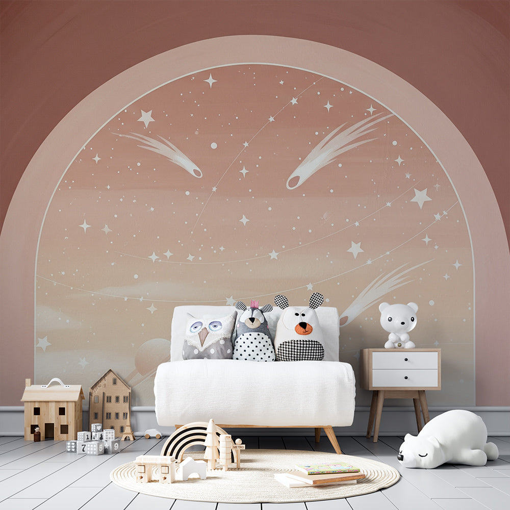 Kids-Mundo shooting star arch mural styled on a bright kids bedroom wall