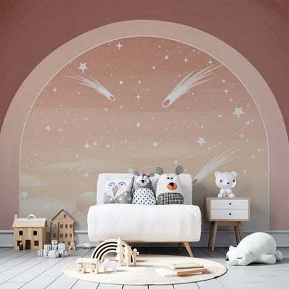 Kids-Mundo shooting star arch mural styled on a bright kids bedroom wall
