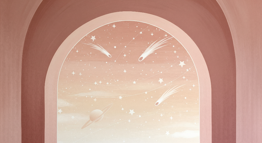 Kids-Mundo flat artwork of an arched window framing shooting stars and a ringed planet