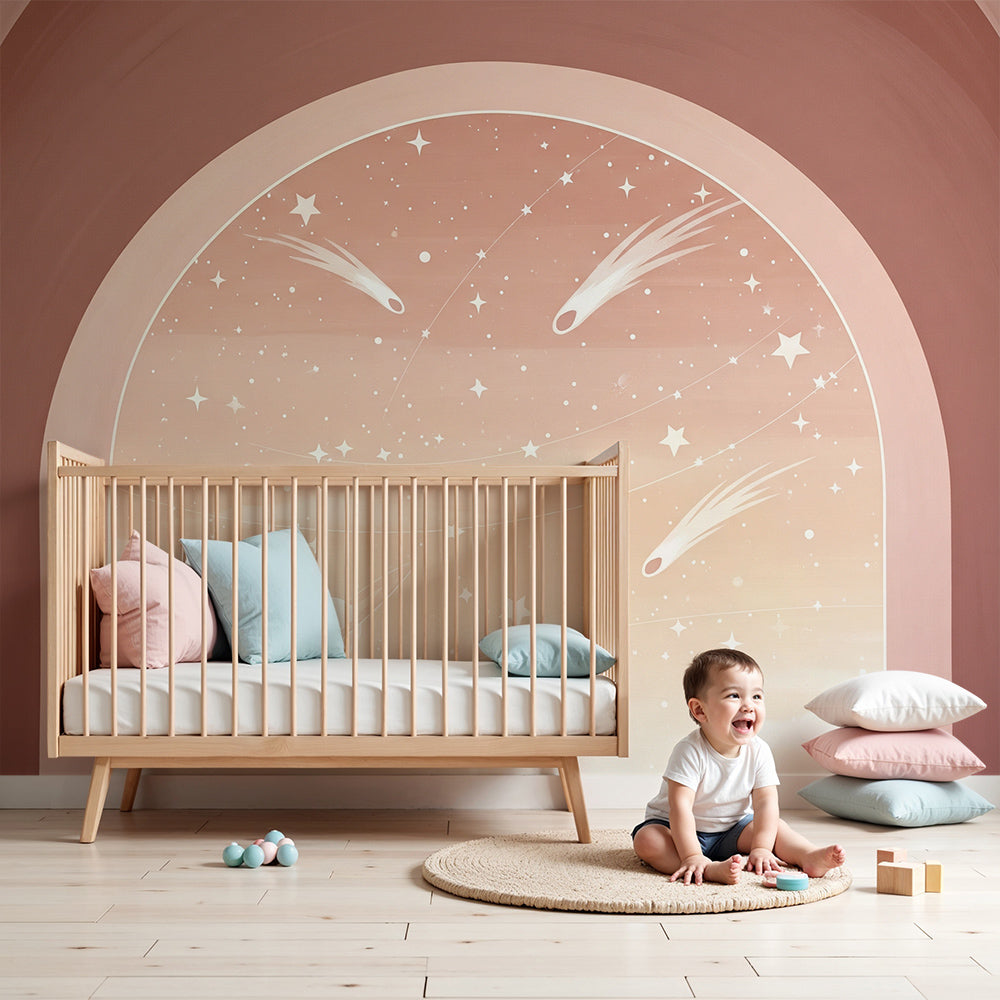 Kids-Mundo shooting star arch wall mural with peach pink sky in a soft nursery bedroom