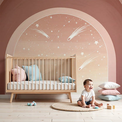 Kids-Mundo shooting star arch wall mural with peach pink sky in a soft nursery bedroom