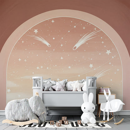 Kids-Mundo shooting star arch wallpaper design shown in a cosy playroom setting
