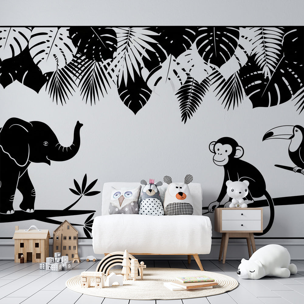 Kids-Mundo elephant and monkey silhouette mural fitted made to measure on a bedroom wall.