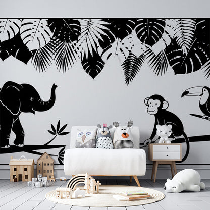 Kids-Mundo elephant and monkey silhouette mural fitted made to measure on a bedroom wall.