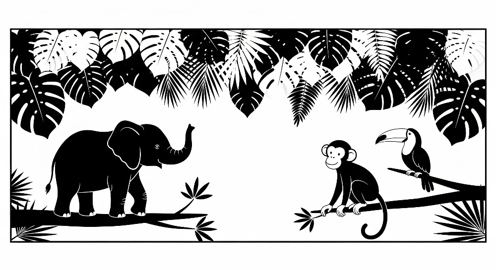 Kids-Mundo flat artwork of elephant, monkey and toucan silhouettes beneath leaves for a wall mural.
